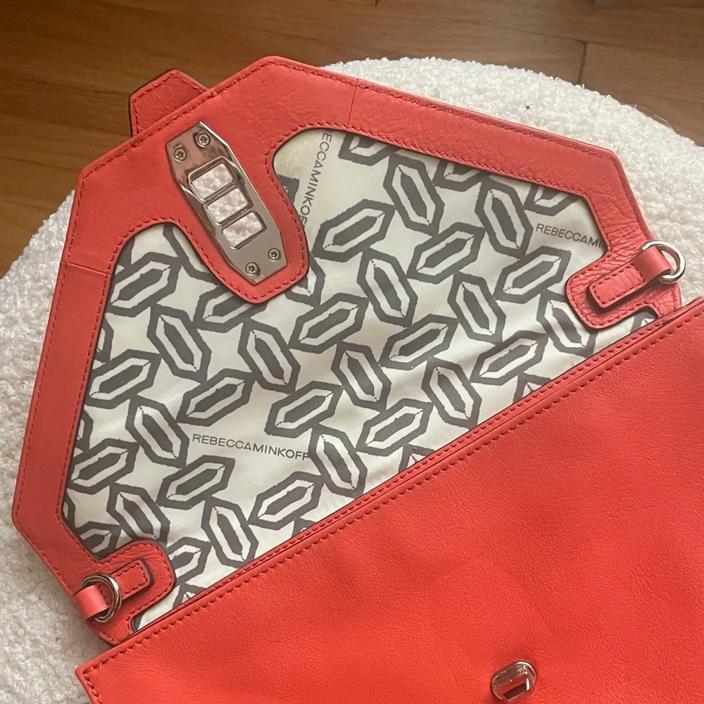 Coral Clutch Rebecca Minkoff Leather Bag Crossbody Strap Silver Hardware - Picture 6 of 8